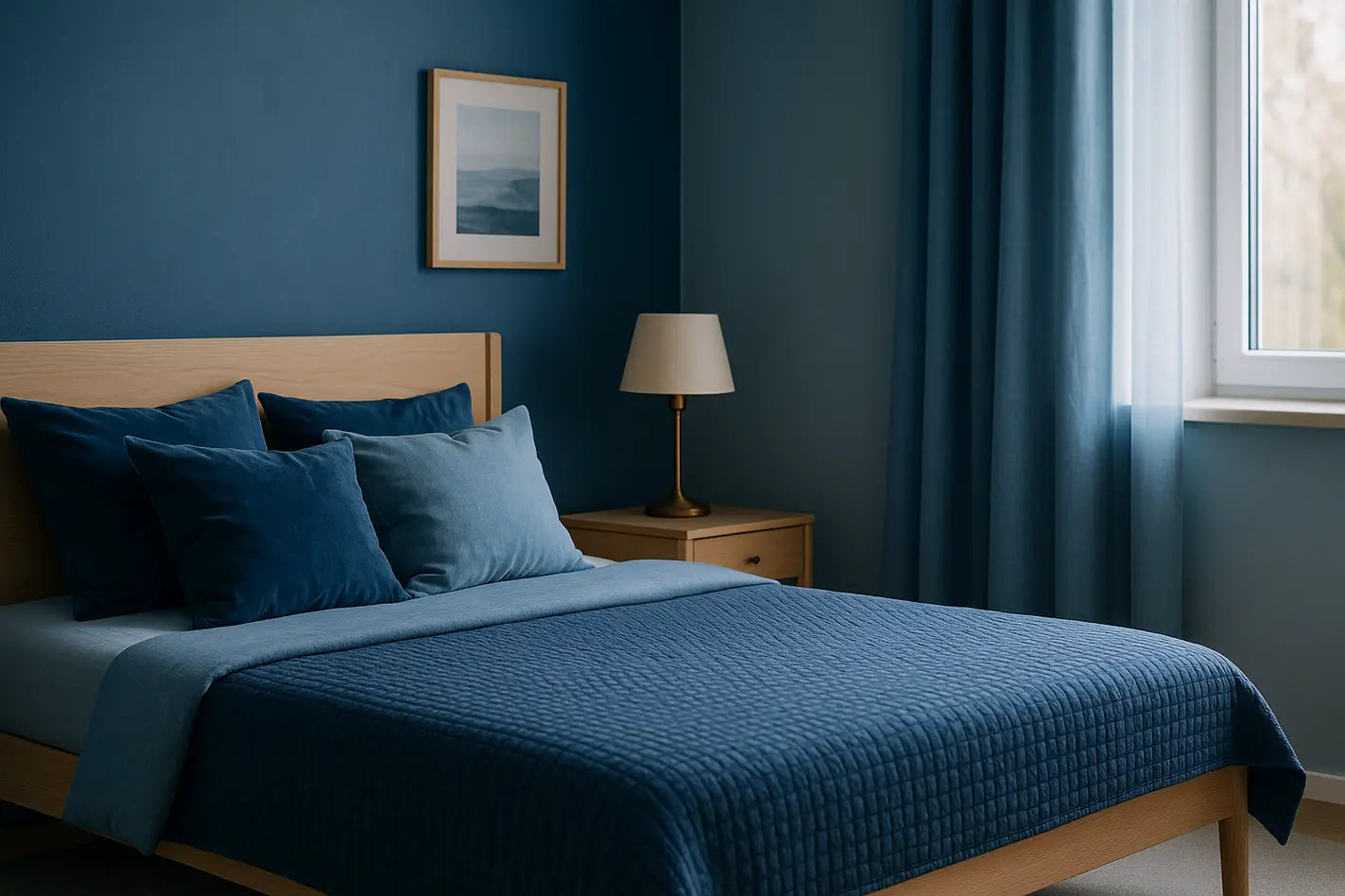 blauwe slaapkamer die ingericht is