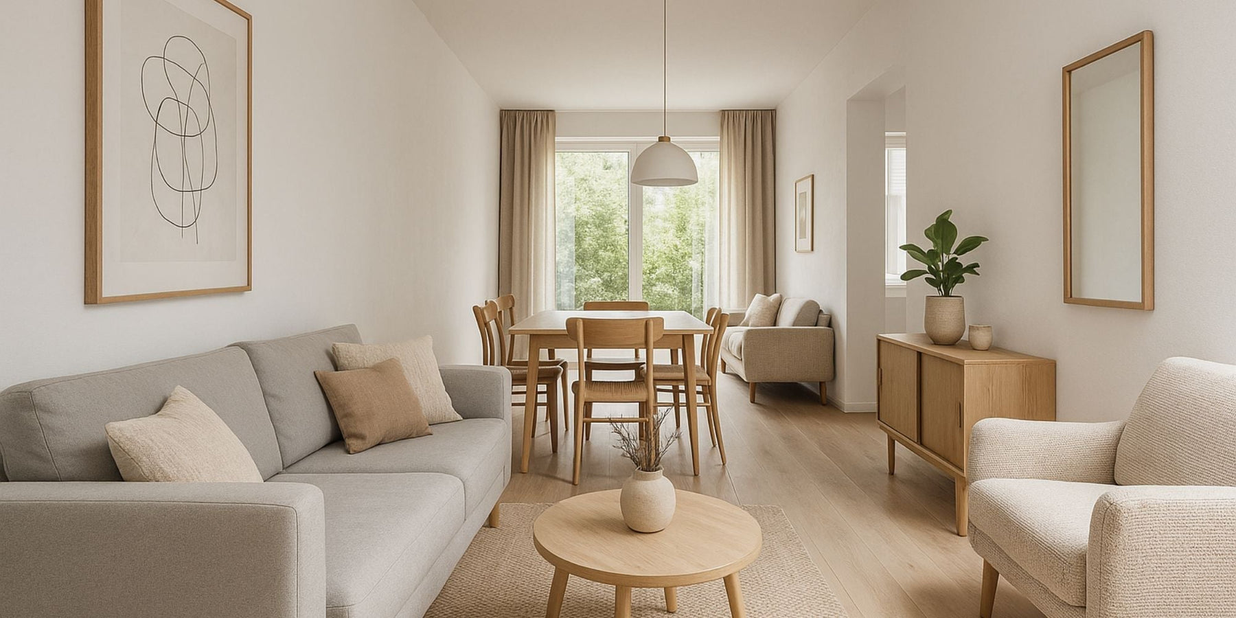 inrichting lange woonkamer