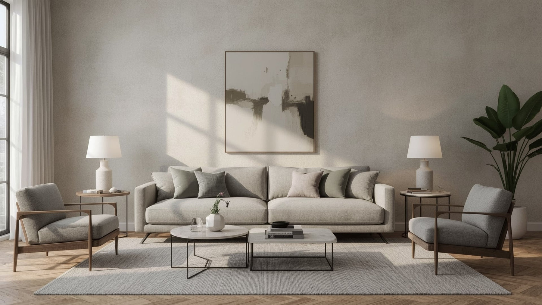 inrichting woonkamer grijze bank