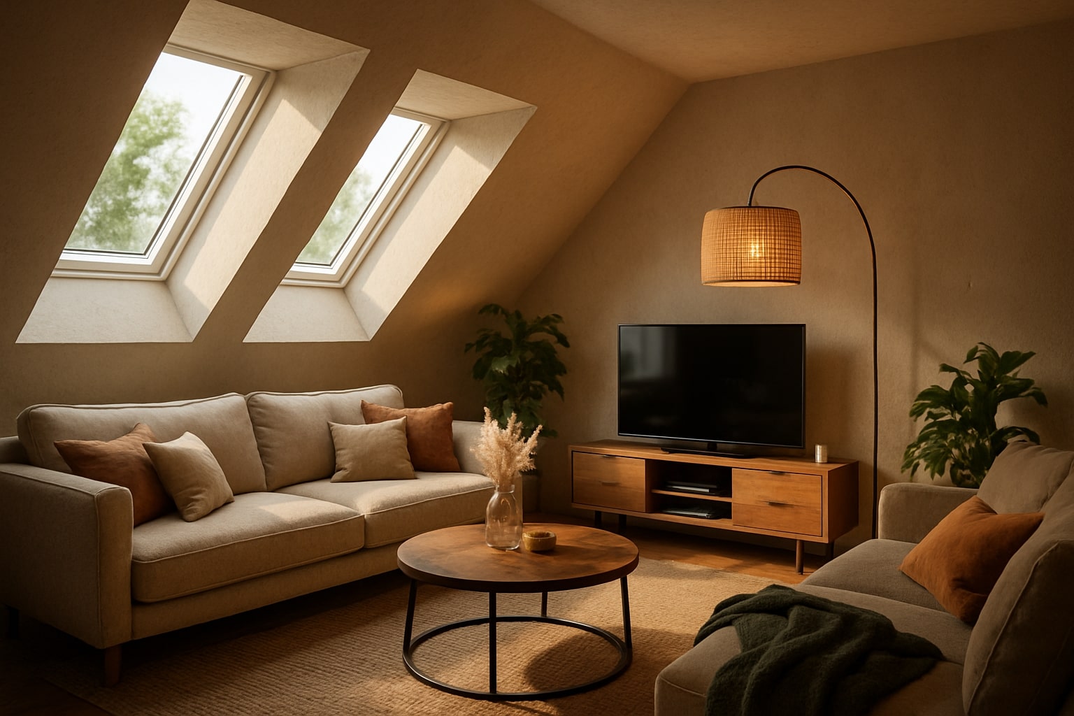 woonkamer met schuine wand of dak