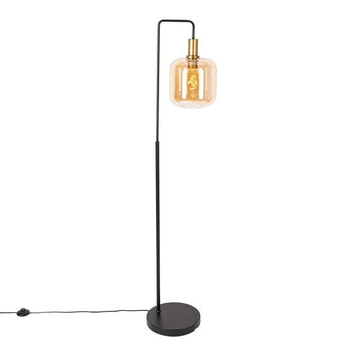 Design vloerlamp zwart met messing en amber glas - Zuzanna - ThatLyfeStyle