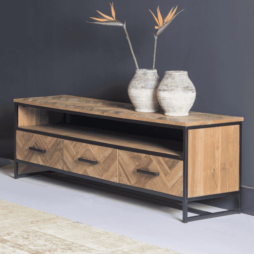 Livingfurn TV-meubel Hawaii Visgraat Teak en staal, 180cm - Hout