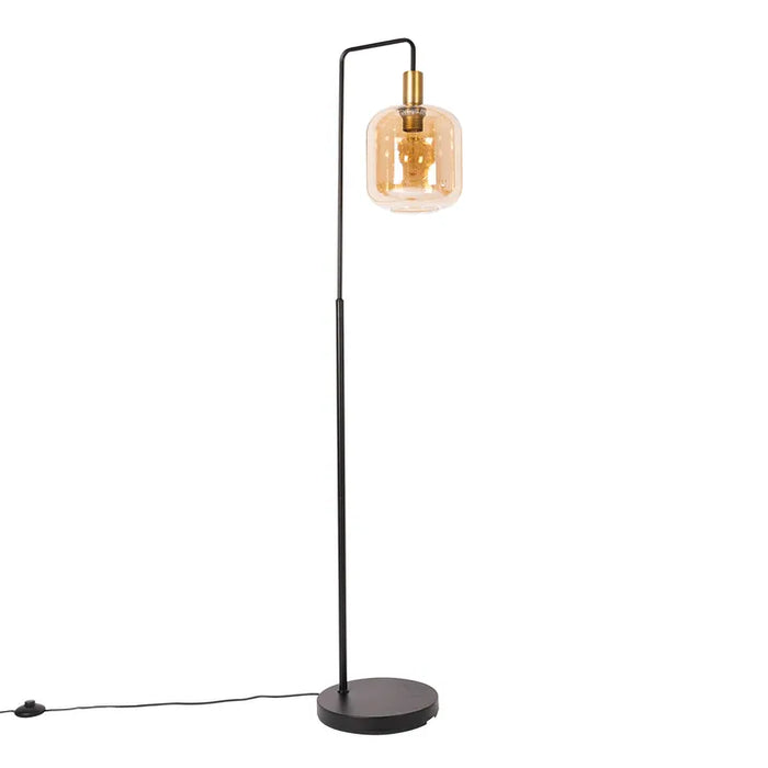 Design vloerlamp zwart met messing en amber glas - Zuzanna - ThatLyfeStyle