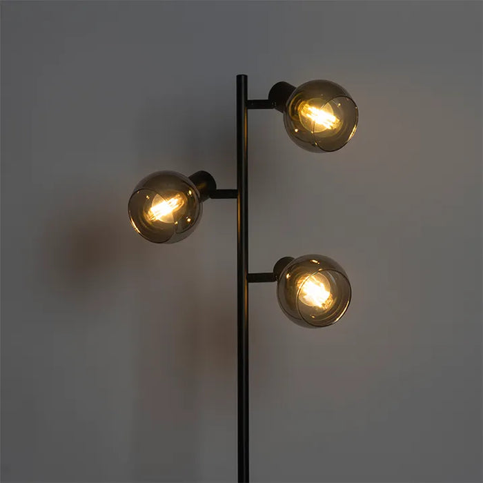 Art Deco vloerlamp zwart 3-lichts met smoke glas - Vidro - ThatLyfeStyle
