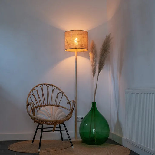 Landelijke vloerlamp hout met linnen kap naturel 32 cm - Mels - ThatLyfeStyle