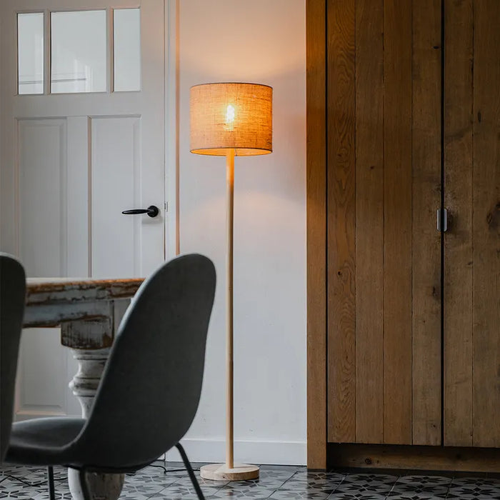 Landelijke vloerlamp hout met linnen kap naturel 32 cm - Mels - ThatLyfeStyle