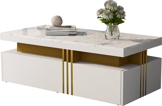 Merax Rechthoekige Salontafel Hoogglans Marmerlook Wit - ThatLyfeStyle