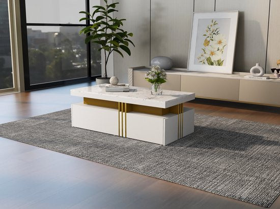 Merax Rechthoekige Salontafel Hoogglans Marmerlook Wit - ThatLyfeStyle