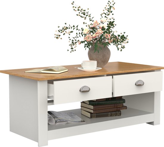 VCM Houten salontafel wit met lades - ThatLyfeStyle