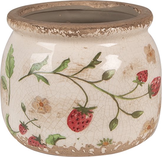 Clayre & Eef Bloempot Ø 12x10 cm Beige Rood Keramiek - ThatLyfeStyle