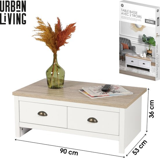 Virginia witte houten salontafel met 2 lades – 90x53 cm - ThatLyfeStyle