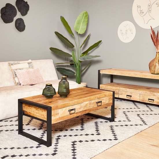 StarFurn Salontafel Boaz 2 Lades Naturel Mangohout 120cm - ThatLyfeStyle