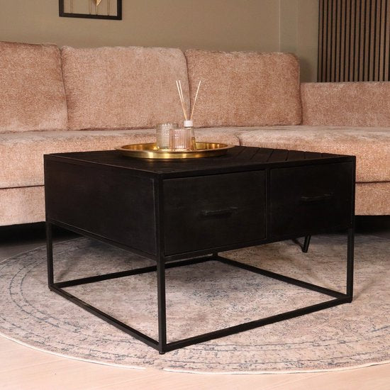 Salontafel vierkant industrieel mangohout 70cm zwart visgraat - ThatLyfeStyle
