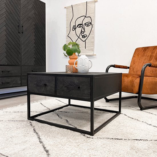 HUUS Salontafel Floor - Vierkant - Visgraat - Zwart - Mangohout - ThatLyfeStyle