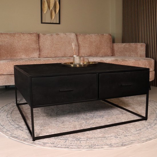 Salontafel vierkant industrieel mangohout 100cm zwart visgraat - ThatLyfeStyle