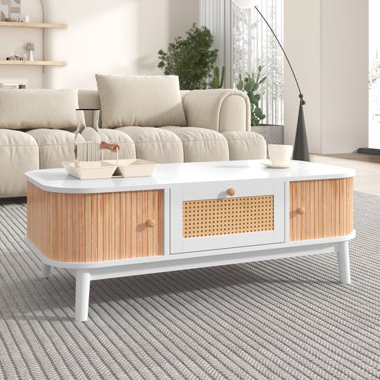 Salontafel ovaal met lade Sweiko rotan wit - ThatLyfeStyle