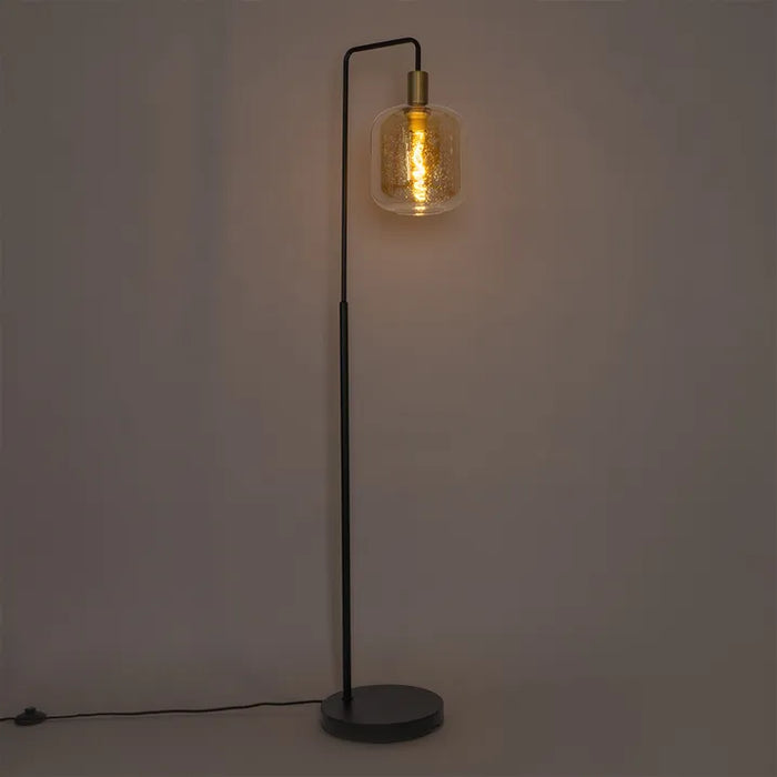 Design vloerlamp zwart met messing en amber glas - Zuzanna - ThatLyfeStyle