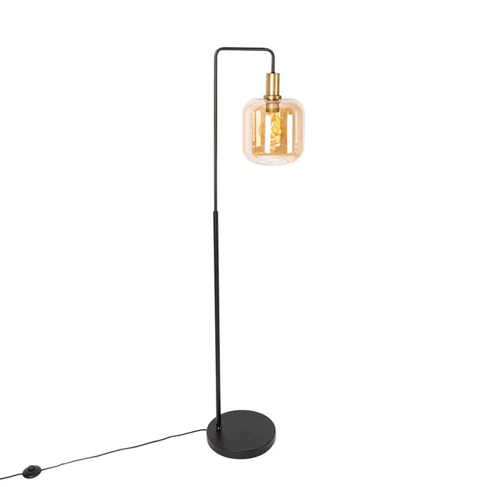Design vloerlamp zwart met messing en amber glas - Zuzanna - ThatLyfeStyle
