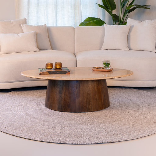 Livingfurn Ovale Salontafel Valentino Mangohout en Travertin, 120 x 65cm - Bruin - Ovaal - Japandi