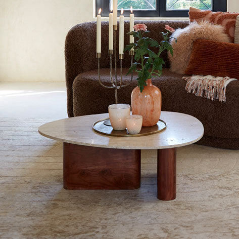 Light & Living Salontafel Mahelona Travertin en Acaciahout, 90 x 72cm - Bruin - Organisch - Japandi