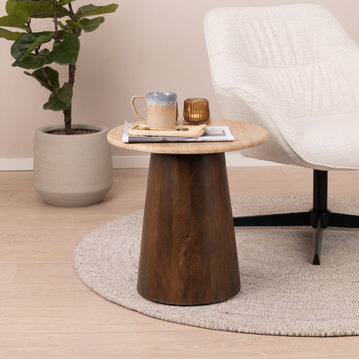 Livingfurn Ronde Bijzettafel Valentino Mangohout en Travertin, 44cm - Bruin