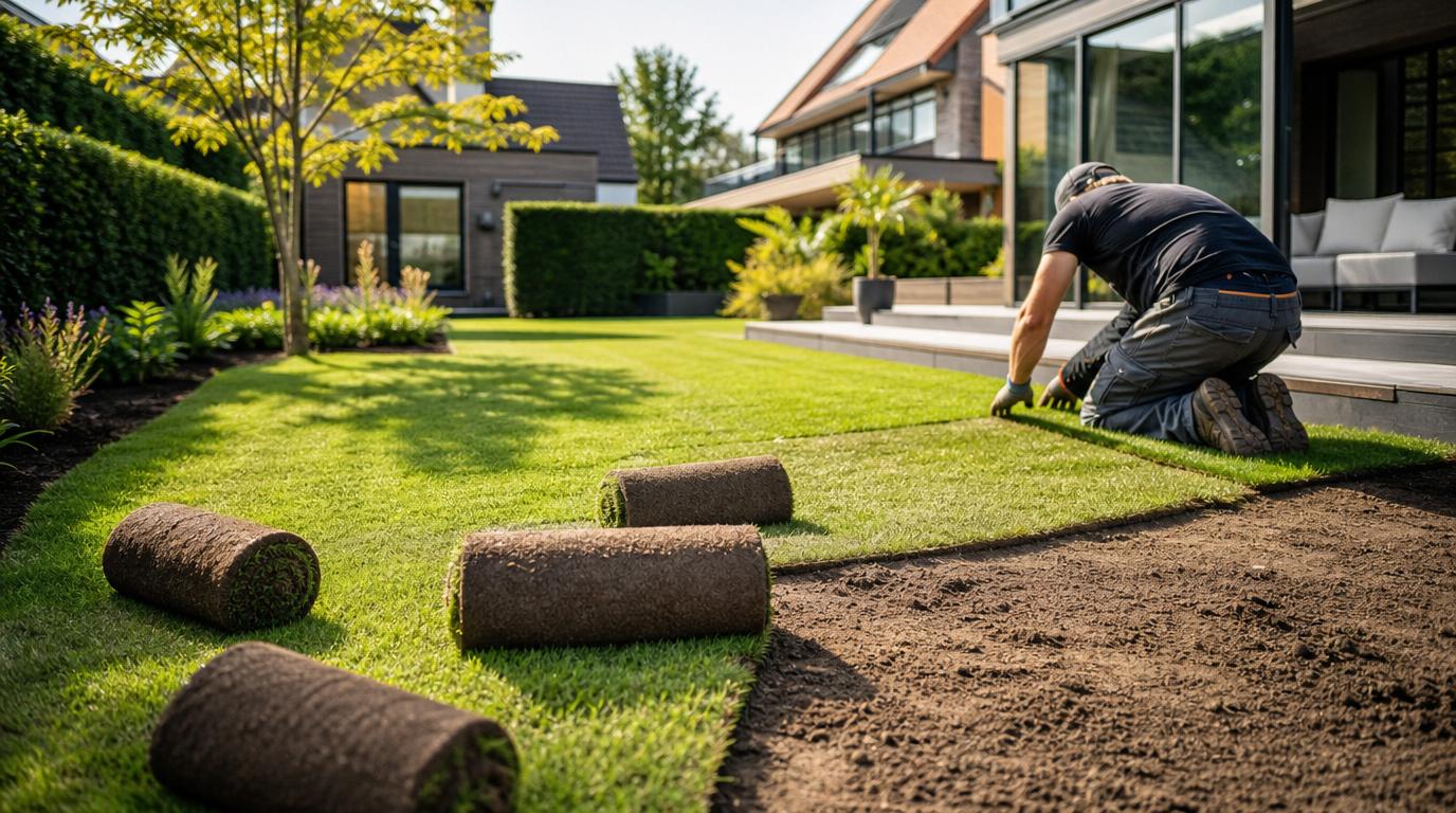 Aanleggen van een nieuw gazon met verse graszoden in een moderne tuin