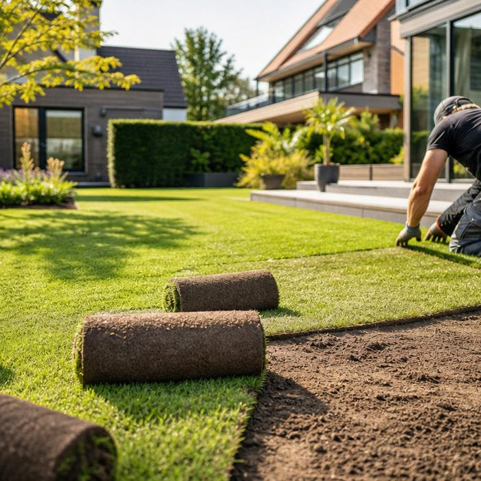 Aanleggen van een nieuw gazon met verse graszoden in een moderne tuin