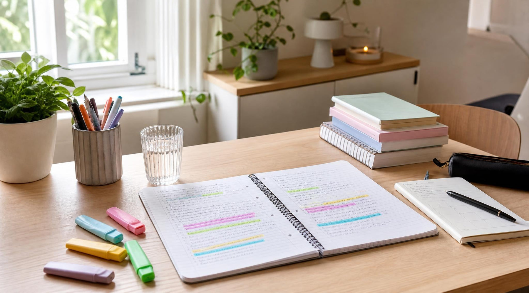 Aantekeningen met gekleurde markeerstiften op een bureau