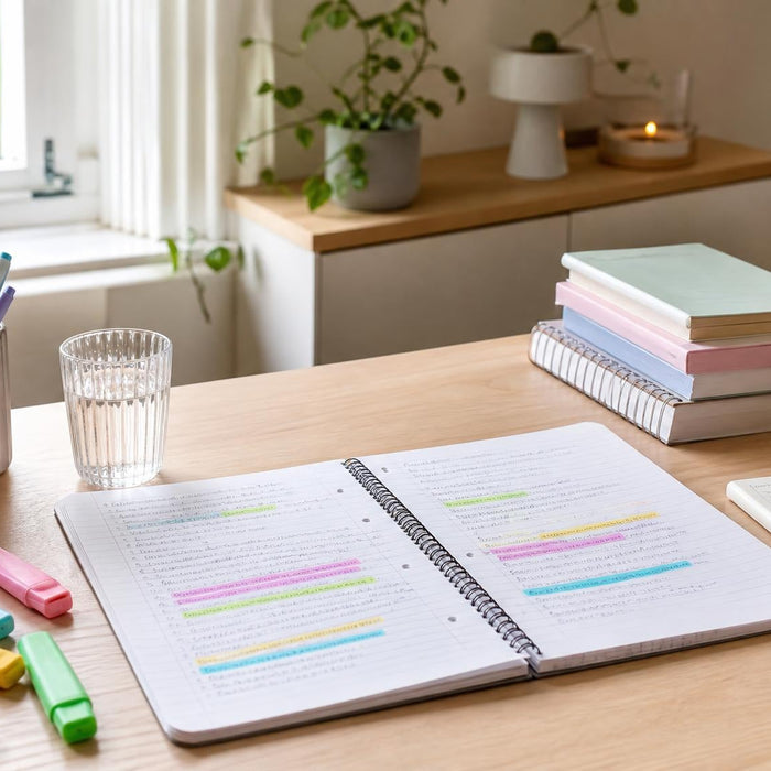 Aantekeningen met gekleurde markeerstiften op een bureau