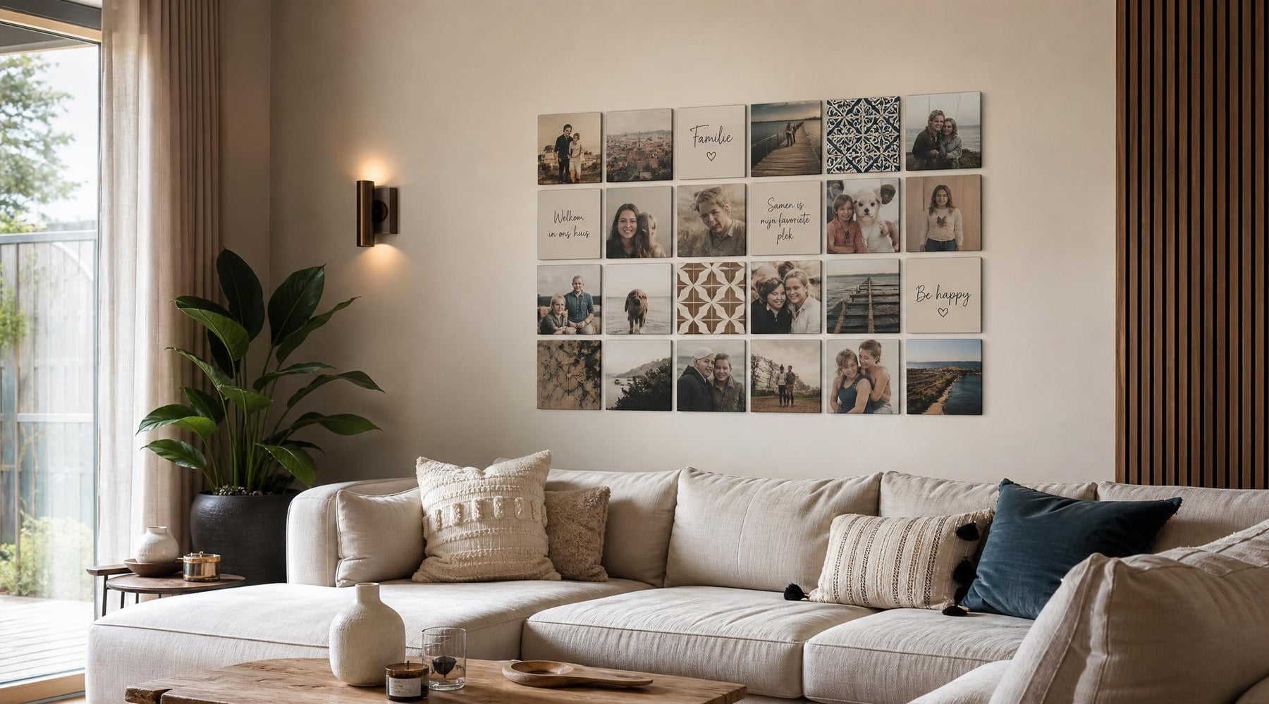 Bedrukte tegeltjes met foto's en teksten als persoonlijke wanddecoratie in een sfeervol interieur