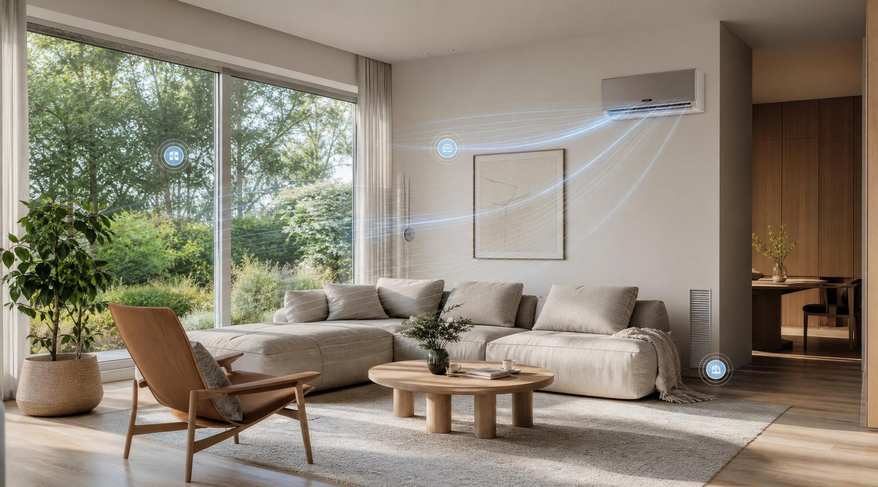 Bewoner geniet van een comfortabel binnenklimaat in een moderne woonkamer met ventilatie en airconditioning
