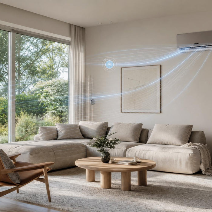 Bewoner geniet van een comfortabel binnenklimaat in een moderne woonkamer met ventilatie en airconditioning