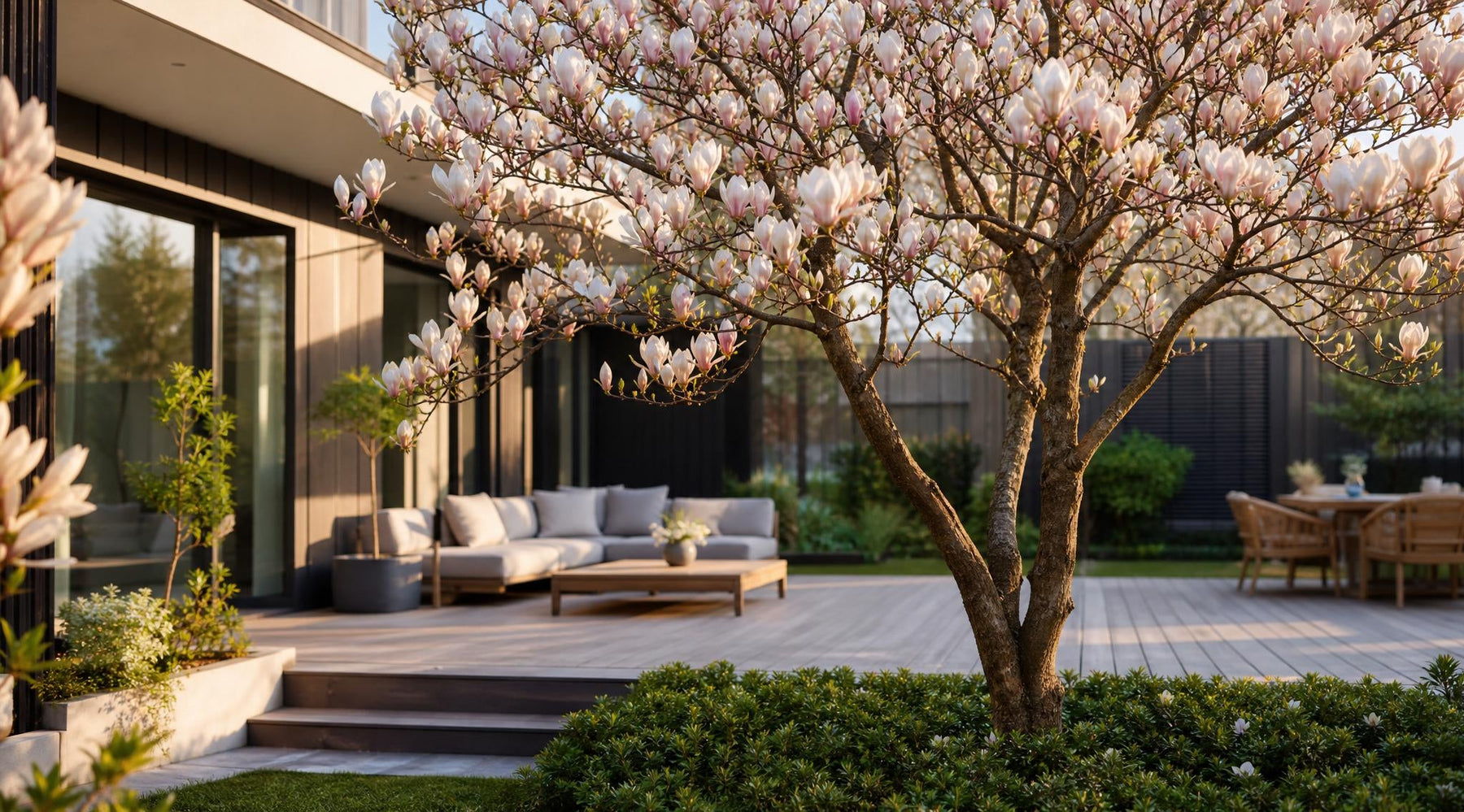 Bloeiende magnolia in een stijlvolle tuin bij een moderne woning