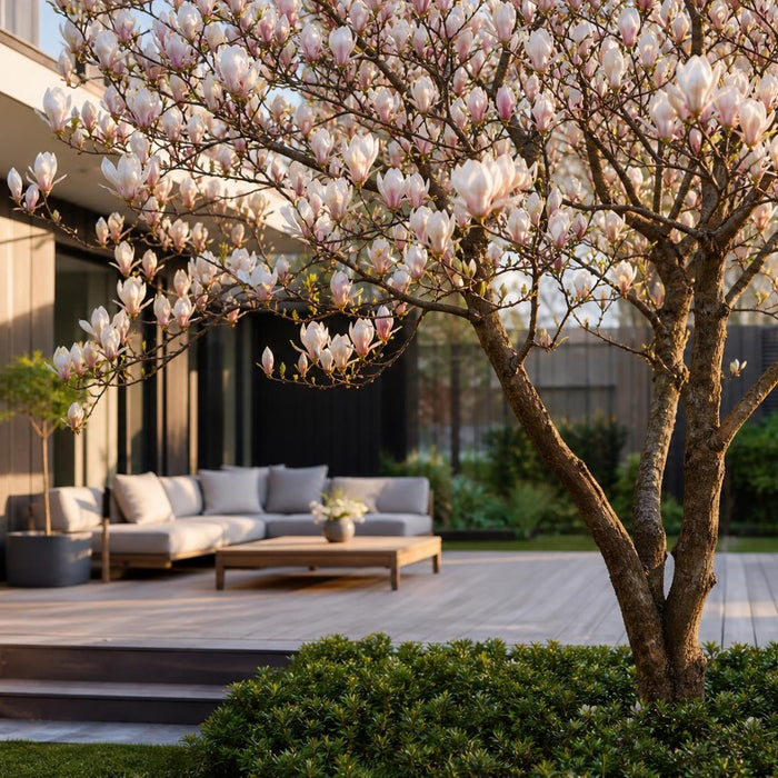 Bloeiende magnolia in een stijlvolle tuin bij een moderne woning
