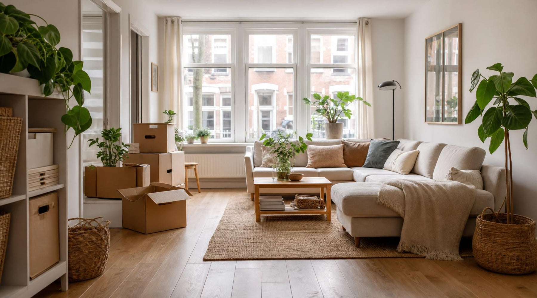 Compacte woonkamer met verhuisdozen en slim opgeborgen spullen