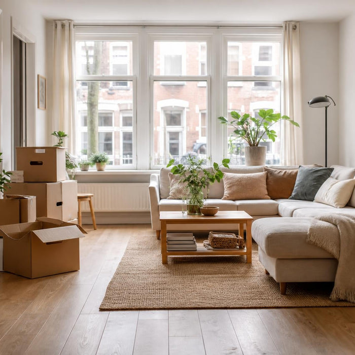Compacte woonkamer met verhuisdozen en slim opgeborgen spullen
