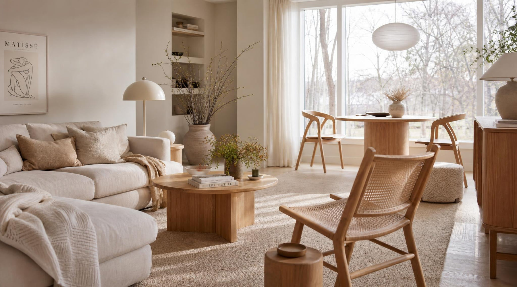 Deens design interieur met houten meubels, zachte kleuren en een warme hygge sfeer