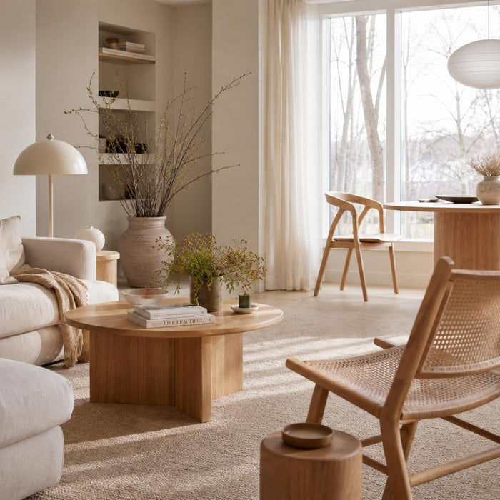 Deens design interieur met houten meubels, zachte kleuren en een warme hygge sfeer