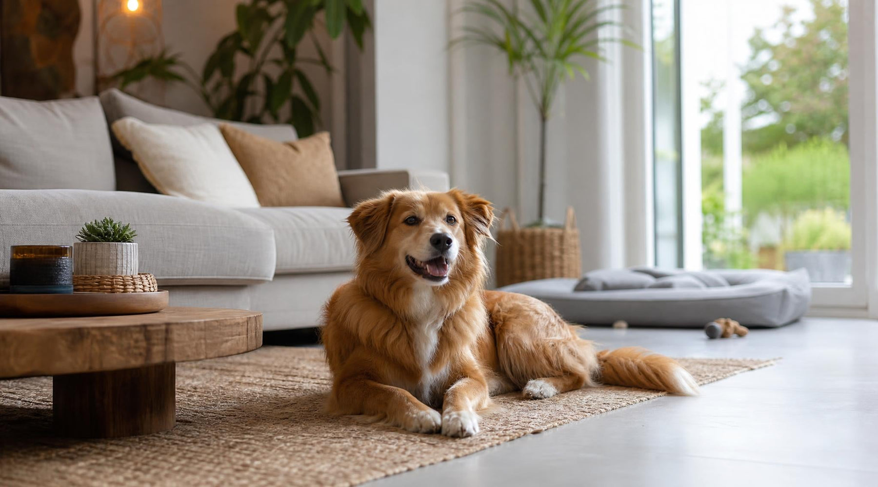 Gelukkige hond die ontspannen in huis ligt