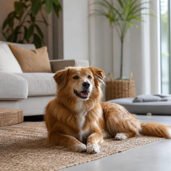 Gelukkige hond die ontspannen in huis ligt
