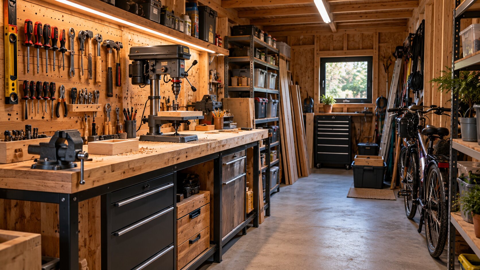 Georganiseerde houten werkplaatsgarage