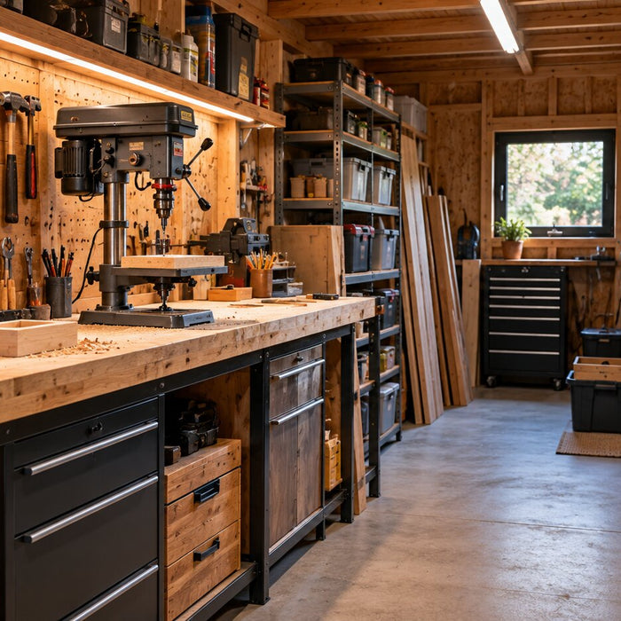 Georganiseerde houten werkplaatsgarage
