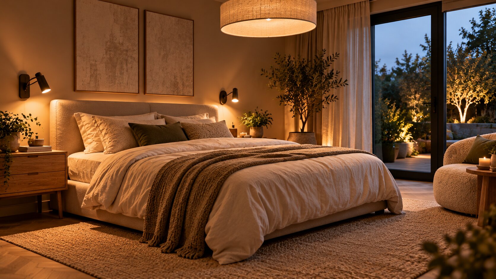 Gezellige Scandinavische slaapkamer bij avondlicht