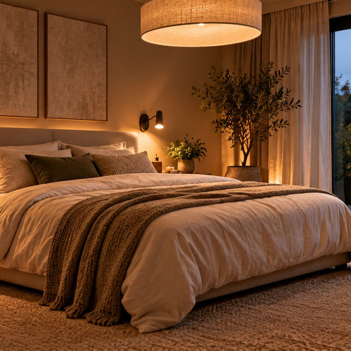 Gezellige Scandinavische slaapkamer bij avondlicht