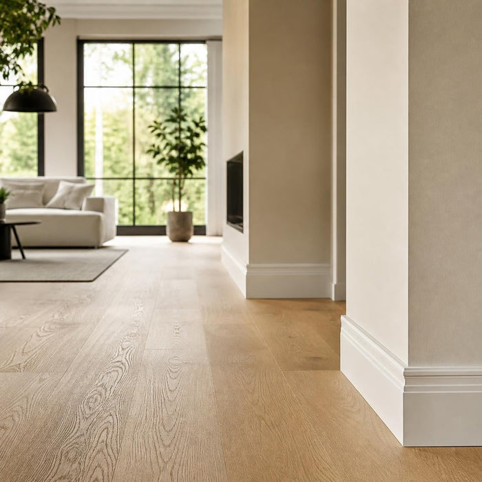 Houten vloer met witte plinten in een modern interieur
