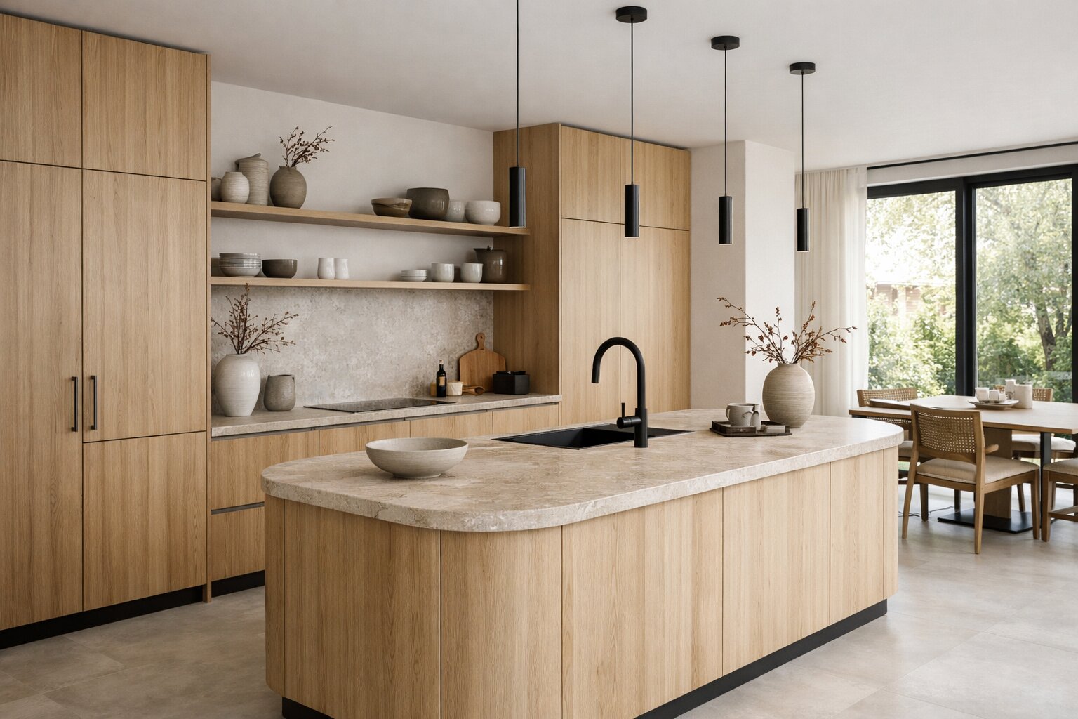 Japandi keuken met licht hout, natuursteen en minimalistisch design in 2026 stijl