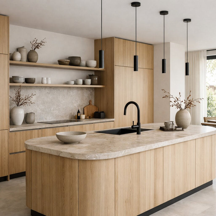 Japandi keuken met licht hout, natuursteen en minimalistisch design in 2026 stijl