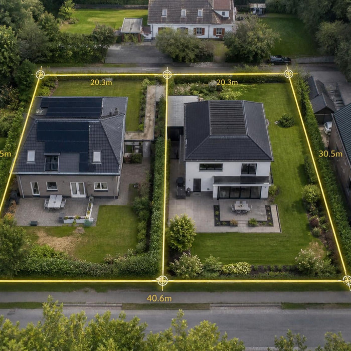 Kadastrale perceelgrens tussen twee woningen weergegeven op een digitale kaart met meetpunten en erfafscheidingen