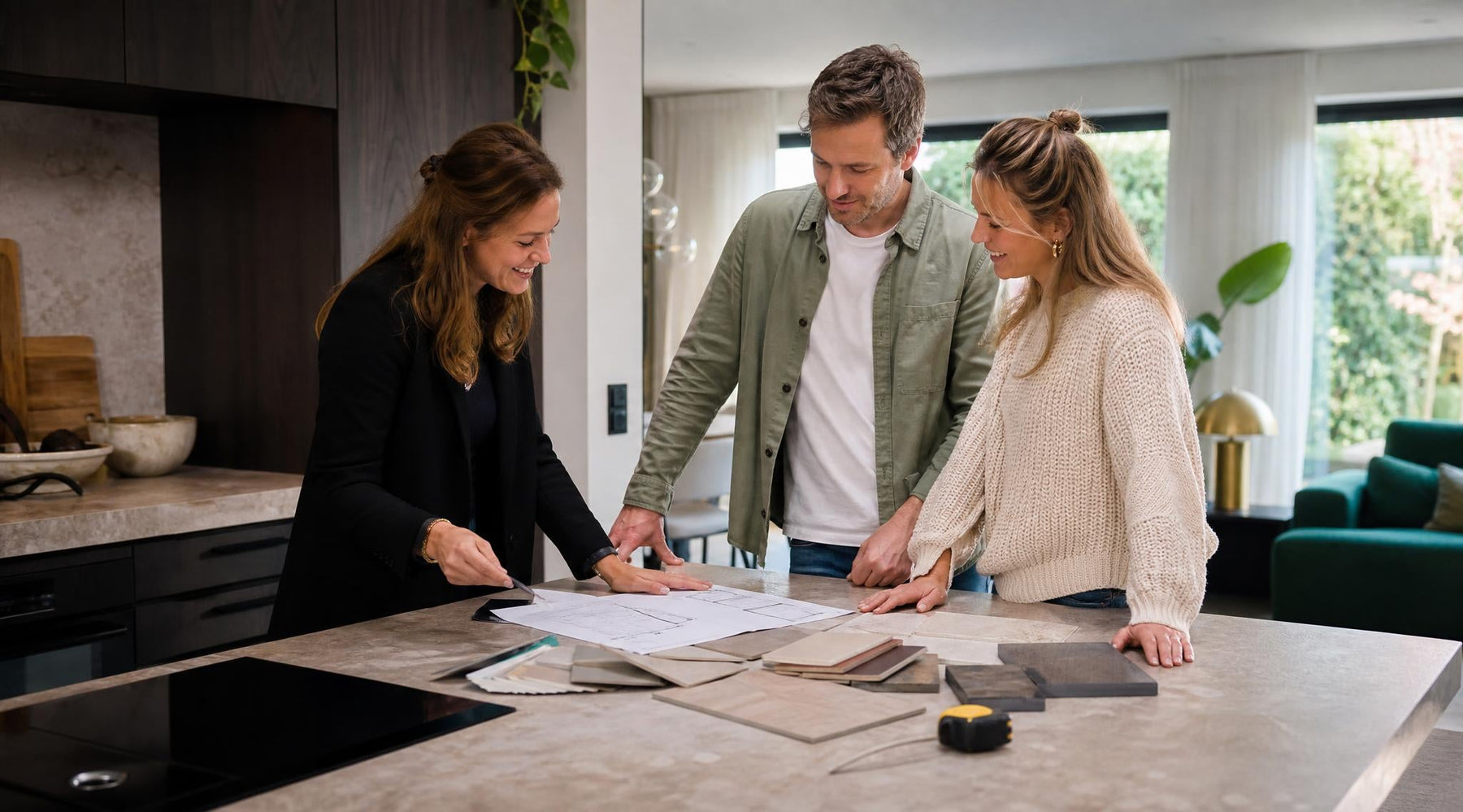 Keukenadviseur bespreekt een keukenontwerp aan huis met bewoners