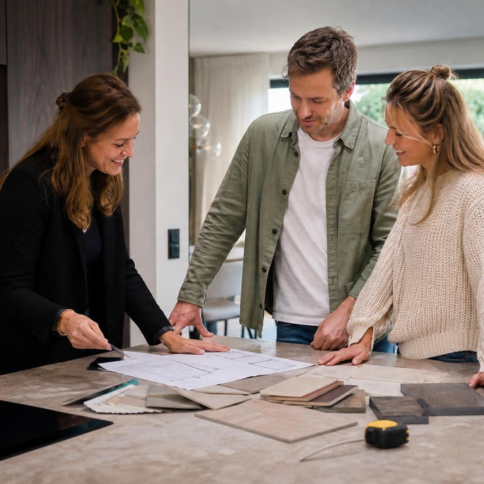 Keukenadviseur bespreekt een keukenontwerp aan huis met bewoners